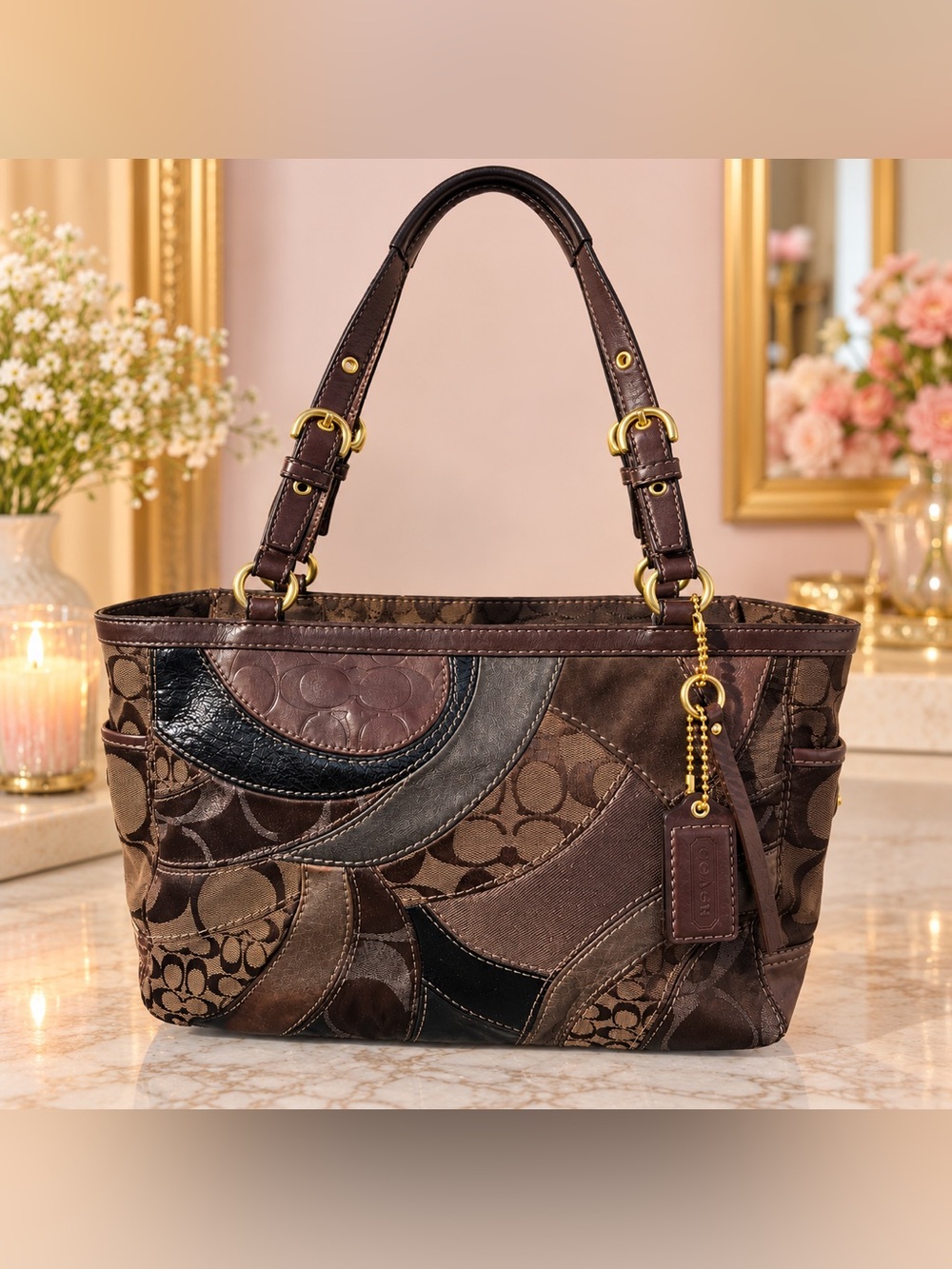 Vintage Patchwork Signature Tote Brown Leather Canvas Suede Y2K chocolate